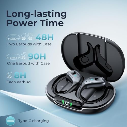 occiam Active Noise Cancelling Ear Buds Bluetooth Headphones Wireless Earbuds 90Hrs Playback Stereo Bass Earphones with Over-Ear Hooks IPX7 Waterproof Earbud for Sports Running Gym Workout Black - Image 3